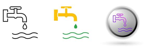 The water icon collection illustrates environmental balance and renewable energy. This set includes three style variations, black outline, colored flat design, and modern gradient button icons. vector
