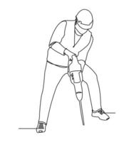 Minimalist one-line illustration of a construction worker operating a drill at a job site. Created in a modern abstract style using one continuous line. vector