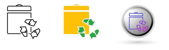 The Recycle Bin icon collection illustrates environmental balance and renewable energy. This set includes three style variations, black outline, colored flat design, and modern gradient button icons. vector