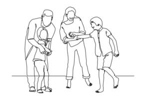An elegant and minimalist one-line illustration depicting a family in a warm and connected pose. One continuous line to represent unity and love. vector