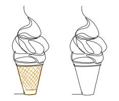 Minimalist continuous line drawing of soft serve ice cream. This elegant illustration features a clean hand-drawn style, perfect for modern packaging, summer-themed branding etc. vector