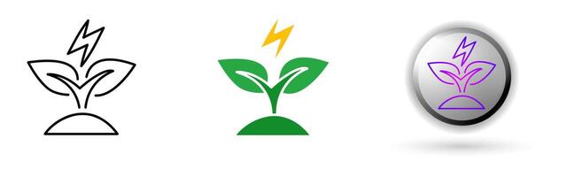Green Energy icon collection illustrates environmental balance and renewable energy. This set includes three style variations, black outline, colored flat design, and modern gradient button icons. vector