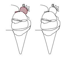A clean and elegant one line drawing of strawberry ice cream in a cone. Ideal for dessert branding, summer themed designs, cafe menus, food packaging, kids products, etc. vector