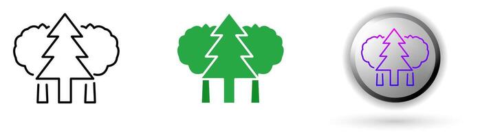 A collection of tree icons illustrating environmental balance and renewable energy. This set includes three style variations, black outline, colored flat design, and modern gradient button icons. vector