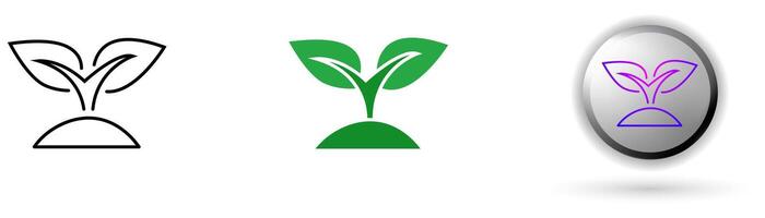 Green icon collection illustrates environmental balance and renewable energy. This set includes three style variations, black outline, colored flat design, and modern gradient button icons. vector