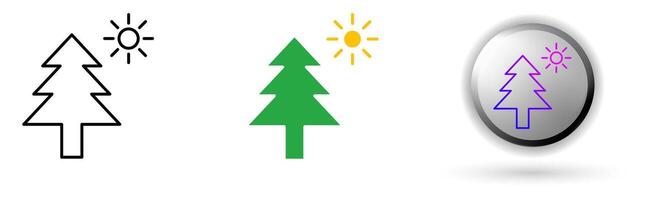 A collection of nature icons illustrating environmental balance and renewable energy. This set includes three style variations, black outline, colored flat design, and modern gradient button icons. vector