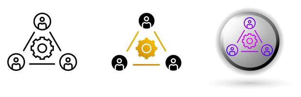 Collaboration icon collection, ideal for repair service brands, and design infographics includes three style variations, black line, colored flat design, and modern gradient button icons. vector