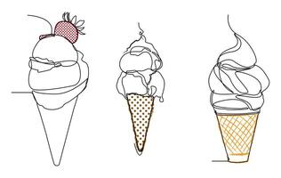 A cheerful and stylish collection of ice cream illustrations in a continuous one-line drawing style with colorful scribble fills. Includes a variety of sweet treats such as cones, popsicles, act vector