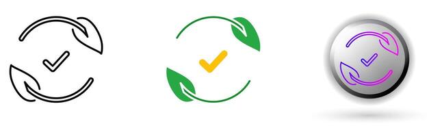 Reuse icon collection illustrates environmental balance and renewable energy. This set includes three style variations, black outline, colored flat design, and modern gradient button icons. vector