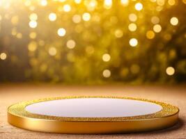 Gold Glitter Round Display Pedestal on Beige Background with Bokeh photo