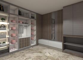 3D design of an open wardrobe cabinet with a bench seating area. photo