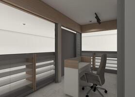 Contemporary 3D rendering of a minimalist checkout counter and service desk for a small retail space. photo