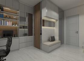 3D storage cabinet design with open shelving for books and display items, also equipped with a bench seat. photo
