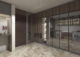 3D design of a clothes and storage cabinet with open display shelves. photo
