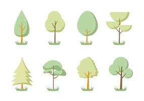 Set of tree and leaf collection hand drawn flat cartoon design element. botanical set of bare trees and ones with leaves and lush green. soft color forest vector