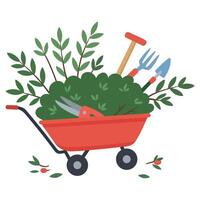 Garden tools and pruned branches in a wheelbarrow vector