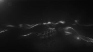 Abstract black and white glowing dots forming a soft, flowing terrain-like digital wave pattern video