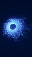 Glowing blue energy sphere dispersing particles in a digital abstract space on a dark blue background video