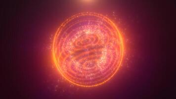 A golden spiral energy sphere structure with green particles, radiating cosmic power in a dark futuristic background, resembling a vortex or abstract force field video