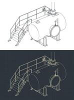 Horizontal industrial tank with service platform blueprints vector