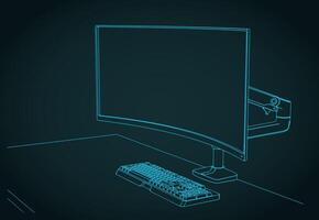 Curved ultrawide monitor on arm stand with a mechanical keyboard vector