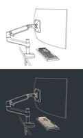 Curved monitor on arm stand with a mechanical keyboard vector