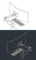 Curved ultrawide monitor on arm stand with a keyboard illustrations vector