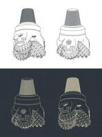 Threecone oil drilling bit isometric blueprints vector