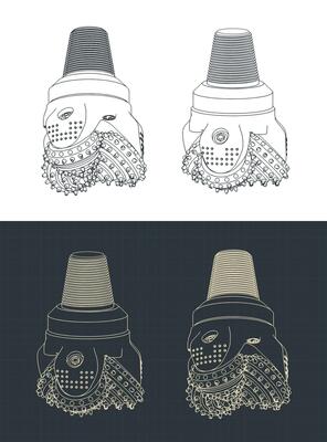 Threecone oil drilling bit isometric blueprints