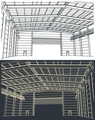 Large industrial hangar interior illustrations