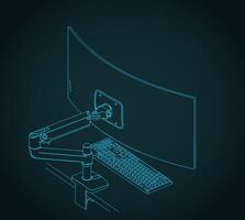 Curved ultrawide monitor on arm stand with a keyboard vector