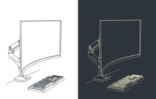 Curved monitor on arm stand with a mechanical keyboard close-up vector