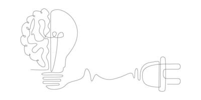 Continuous one line drawing of a light bulb with a brain on plug vector
