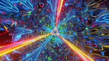 Reflective tunnel with blue spikes and red and white triangles. Looped animation video