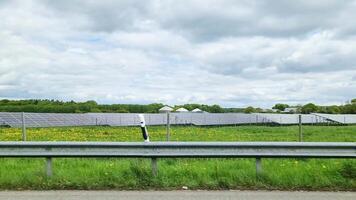 Solar panels in a field seen from a moving vehicle, with a guardrail and some dandelions in the foreground video