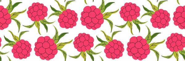 Pink raspberry with leaves seamless pattern. Spring garden background. Summer berry menu, cold drinks. Perfect for textile, menu, packaging, kitchen design. Flat illustration. vector