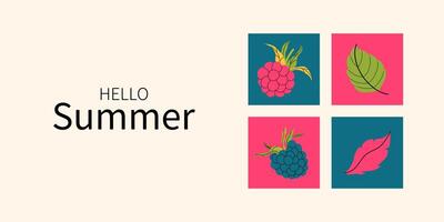 Hello Summer Banner with modern fruit icon set. Minimalistic summer season background. Raspberry and green leaves in bright trendy colors. Flat illustration ideal for poster, branding. vector