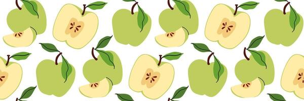 Seamless pattern with green apples, whole and one sliced in half showing pit. Spring garden background. Perfect for textile, menu, packaging, kitchen design. Flat illustration. vector