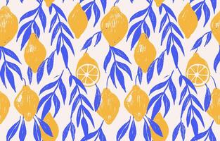 Amalfi seamless pattern with Mediterranean lemon motifs in yellow and blue. Pencil Hatching textured design elements of fruit with leaves. Elegant prints for textiles. Hand drawn illustration. vector