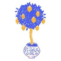 Lemon tree in naive summer style. Pencil textured hand drawn isolated illustration with lemons on a tree in a pot. vector
