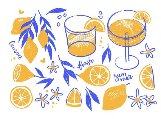 Naive hand drawn delightful ripe lemons on a branch, individual elements, lemons, slices, leaves set. Hand drawn summer illustrations with pencil texture. clipart collection. 2 colors