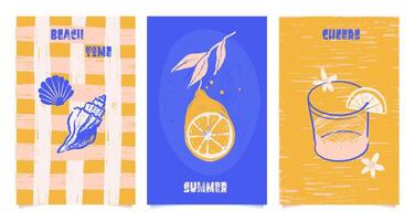 Amalfi summer cards set with Mediterranean lemon motifs in yellow and blue. Design elements fruit with leaves, geometric patterns with and pencil textured flat citrus drawings. Cute naive vector