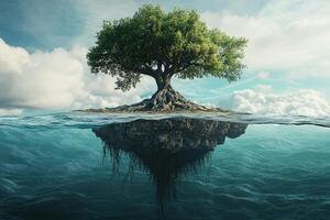 A tree is floating on top of an island in the ocean photo