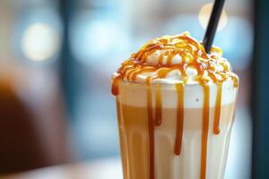 A caramel latte with whipped cream and caramel drizzle photo