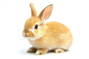 A small brown rabbit is sitting on a white background photo