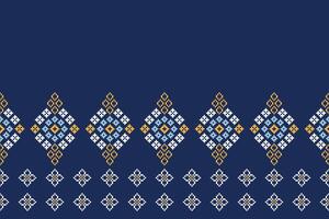 Ethnic cross stitch geometric blue color background fabric pattern art. vector