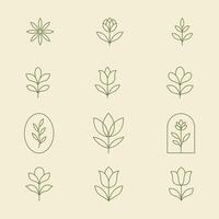 Minimal botanical icons featuring floral and leaf elements in elegant line style. Ideal for logos, branding, packaging, and nature-inspired designs. vector
