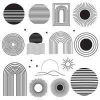 Modern abstract line art collection featuring sun shapes, rainbows, waves, and circles in minimal black geometric style. vector
