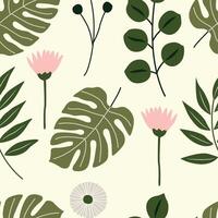 Tropical botanical pattern with green monstera leaves, soft pink flowers, and foliage elements on a light background in a clean, modern style. vector
