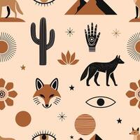 Mystical boho desert pattern with foxes, cacti, suns, flowers, stars, and symbolic icons in earthy tones on a neutral background. vector